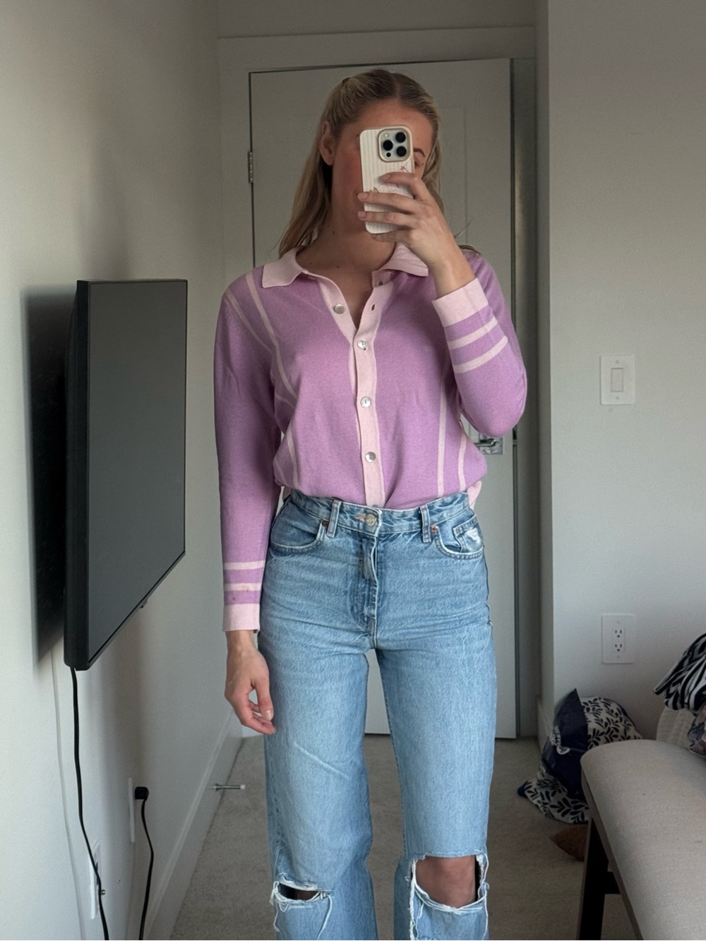 Vintage Collezioni Italy Cashmere Tencel Knit Polo Cardigan Sweater Pink S